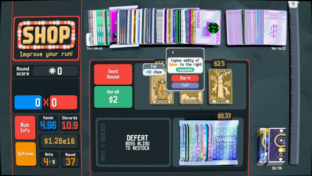 screenshot of Balatro running the Cryptid mod, with 55 jokers visible.