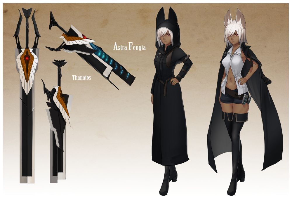Character Sheet depicting a dark skinned woman with neck-length white hair, jackal ears, and red eyes. She is shown in two separate outfits, the first a full-body black coat, with a hood that has pockets for her ears. The second is a white vest buttoned over her chest but open at her stomach, short-shorts, a belt with mechanical parts on her left hip, and thigh-high boots, with the coat worn on her shoulders. Beside her is a square-tipped sword as long as she is tall, with a decorative wing design near its base and guards to either side of its hilt. The sword is shown opening and folding up into an alternate form. Text names her as "Astra Fengia" while her weapon is "Thanatos."
