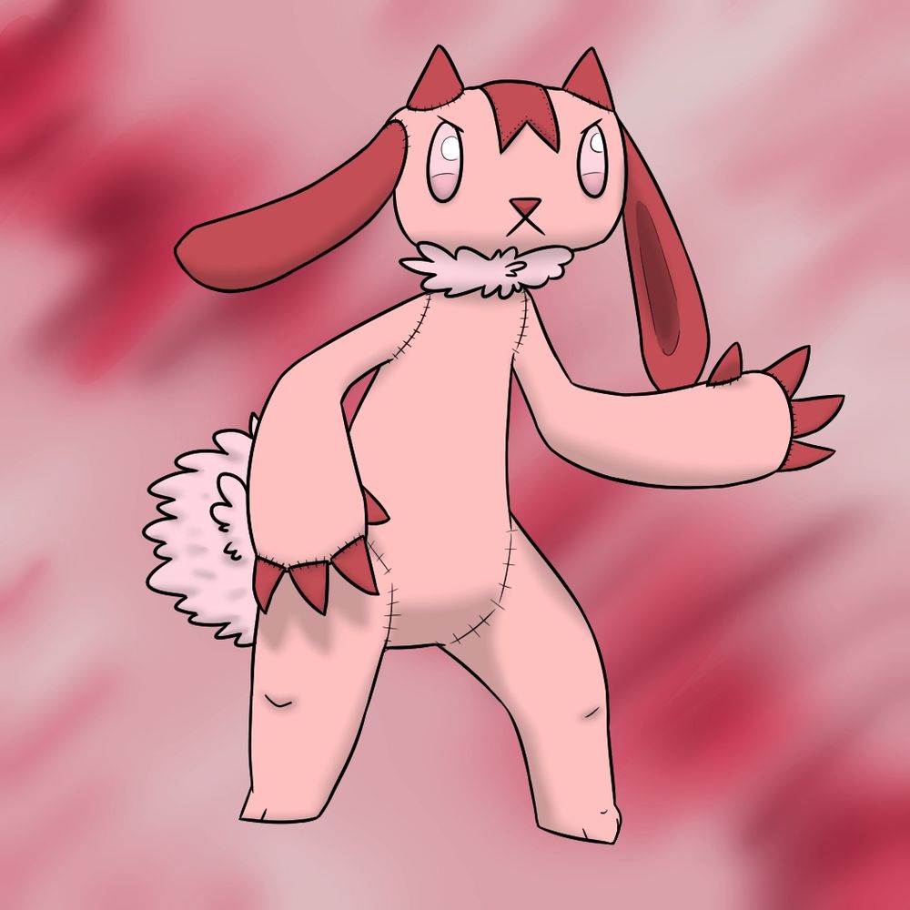 Jolly is a bipedal jackalope plushie, made with various shades and hues of pink fabric. Her ears, claws and horns are all sewn on.