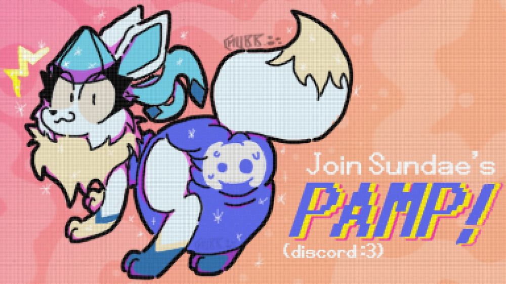 Sundae looking over her "shoulder" towards the camera, booty facing towards the camera with a Discord themed Pamp strapped around it, with the text "Join Sundae's Pamp!" Written near it