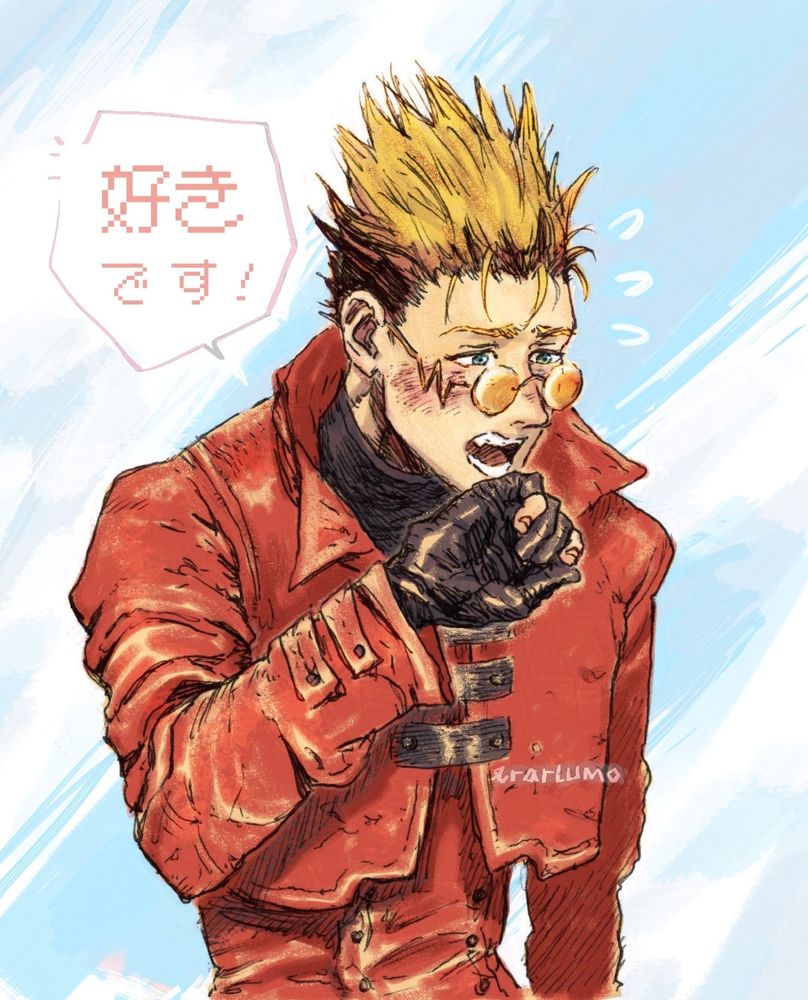 Vash from Trigun Maximum drawn from waist up, wearing his red coat, and raising one hand to hide his mouth. He's blushing and flustered as he confesses "I like you!"