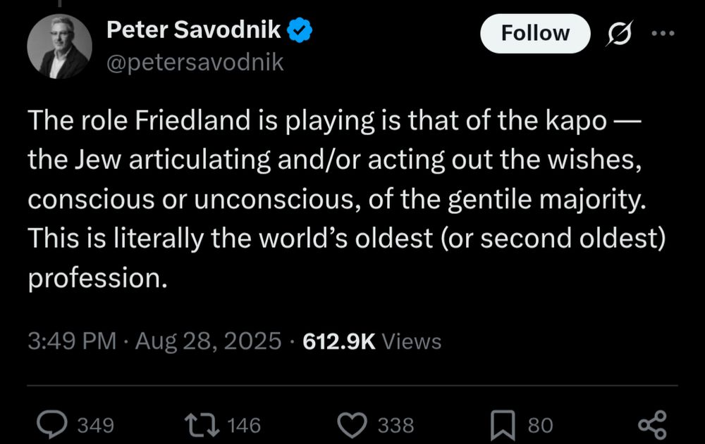 Peter Savodnik, a writer for Bari Weiss's Free Press, an outlet that has regularly claimed to be on the vanguard against antisemitism, calling Adam Friedland a "kapo" for questioning Rep. Ritchie Torres about Israel's mass killing of civilians in Gaza