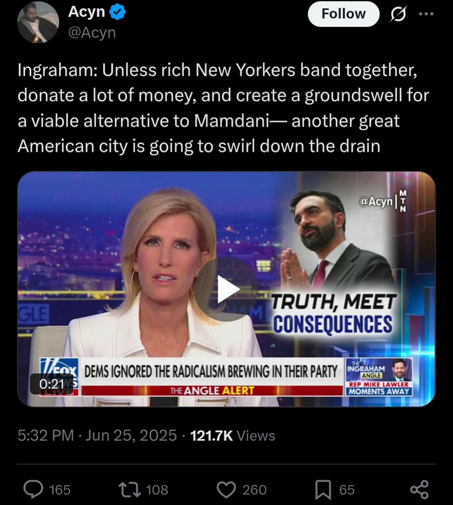 Laura Ingraham on her Fox News show urging rich New Yorkers to band together behind someone to stop Zohran Mamdani.