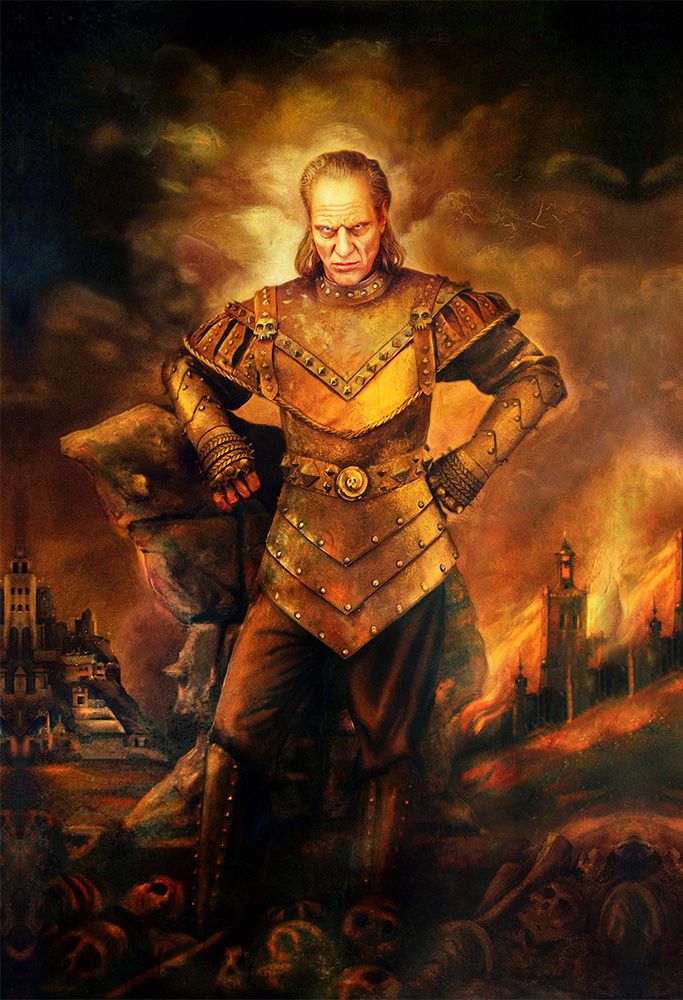 The haunted portrait of Vigo the Carpathian, a scowling lord standing stop skulls in front of a burning background from Ghostbusters 2