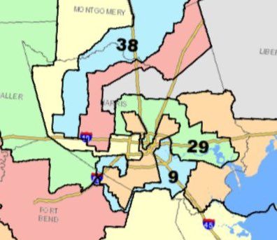 A proposed map for a Houston gerrymander turning the map into a sinister spiral of eight winding districts circling downtown like a demonoid drain