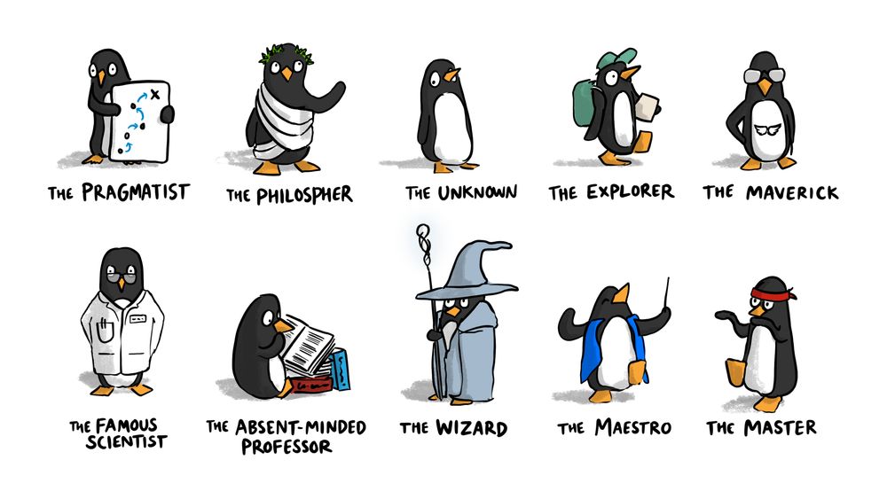 Cartoon, ten penguins stand next to each other in two rows of five. Each has their own prop and/or costume relating to their title. The first row of penguins (from left to right) are labelled "The pragmatist, The Philospher, The Unknown, The Explorer and The Maverick." The second row "The Famous Scientist, The Absent Minded Professor, The Wizard, The Maestro and The Master."