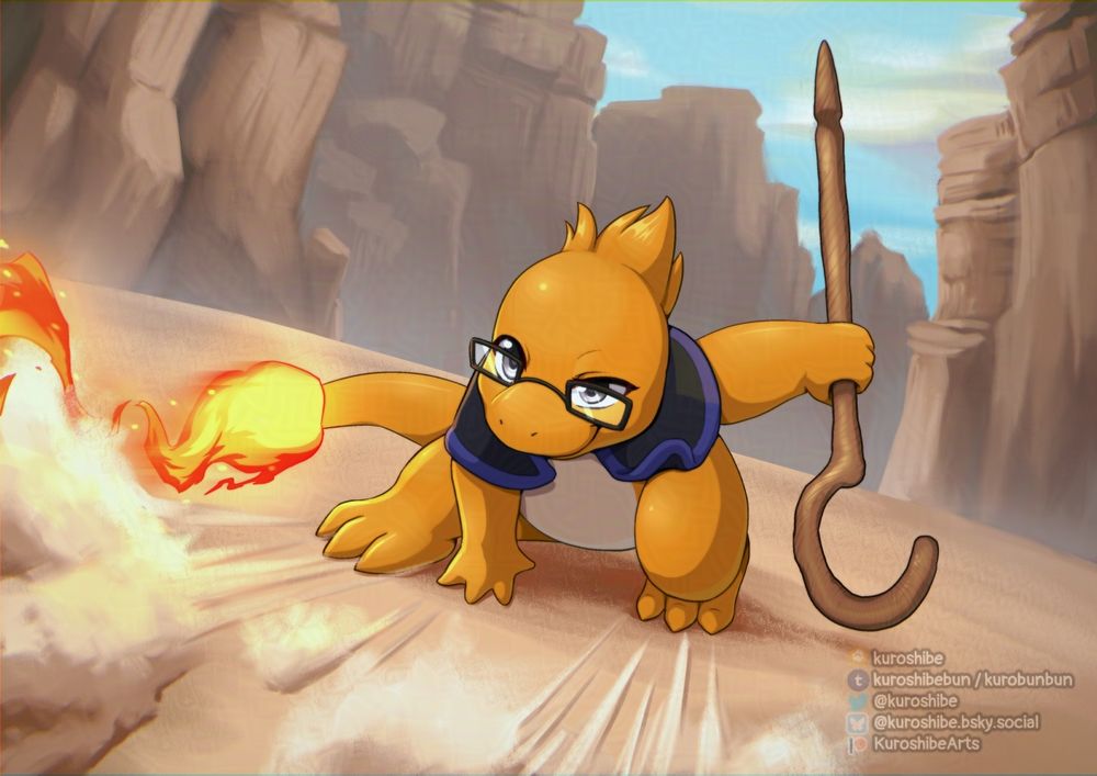 Image depicts Lars, a charmander with tufts of hair on the back of his head, wearing a short cape and a pair of glasses and holding a staff in his left hand, skidding backwards on the dirt floor. His tail flames are leaving a trail flying towards the left edge of the screen and dust clouds form as a result of the sliding. On his face is a smug expression as though he is challenging his opponent, whoever that may be, who is off-screen. Behind him, the craggy cliffs of the canyon can be seen and it is slightly dusty so they look slightly faded