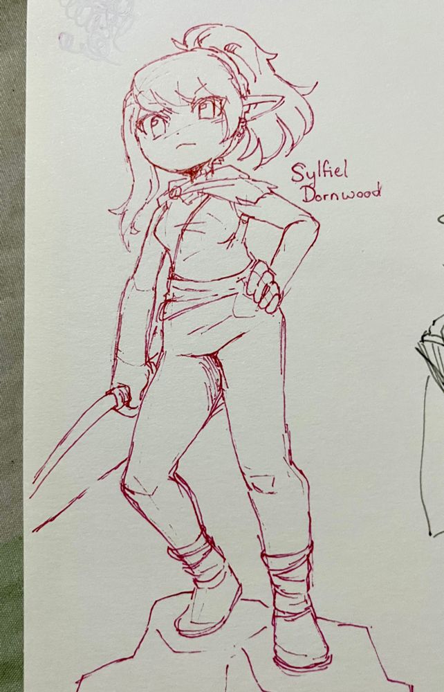 A chibi drawing of Sylfiel, an elf with a ponytail donning tattered clothes, looking sternly at the viewer. She has a hip on her hand and is holding a bow in the other. One of her legs is slightly raised.