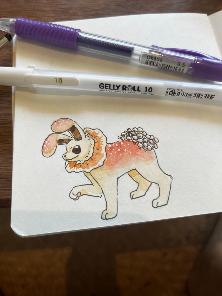 A watercolour doodle of a mushroom jolteon character I’m working out the concept for 