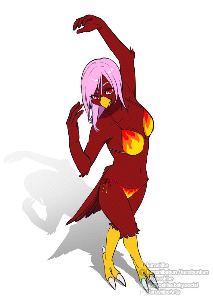 A high angle drawing of Flame-chan doing a dance. She is in her Chocobo form which has red feathers all over her body and a yellow beak and talons, as well as pink hair. She is wearing a bikini with flame patterns on it and is in a dancing pose with an arm up above her head as well as her other hand up in front of her face, her legs are crossed and she is looking at the viewer with her eyes while her head is turned to face the hand that is in front of it.