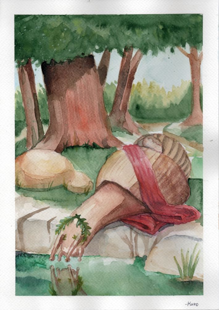 A snail being painted as narcissus looking down at its reflection in the water