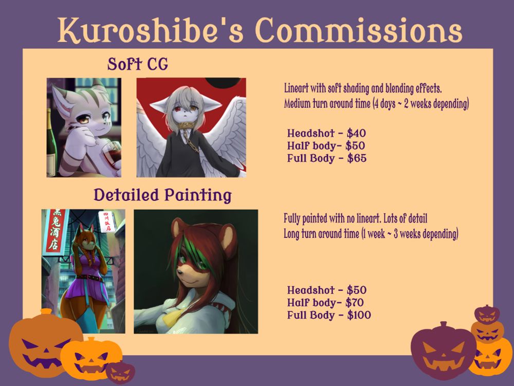 Another page of the commission catalogue detailing the tiers for Soft CG and Detailed Painting. Soft CG is lineart with soft shading and blending effects. Medium turnaround time with prices ranging from $40 to $65. Detailed painting is a fully painted piece with no lineart, long turnaround time with prices ranging from $50 to $100.
