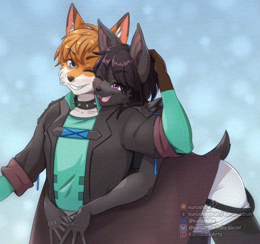 A digital drawing of Zeldrick - an anthropomorphic orange fox with messy hair, blue eyes, and black tipped ears wearing a jacket with a light green top - being hugged from behind by Alexandria - a bat character with short hair, purple eyes, her wing membranes obscuring most of her outfit. They have their cheeks pressed together and each of them has an eye closed as they are looking to each other. Zeldrick additionally has his hand on the back of Alexandria's head