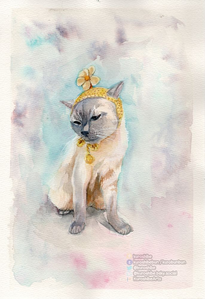 A watercolour painting of a Siamese cat wearing a silly yellow crocheted flower hat, it is sitting down and looking towards the ground, and its face looks almost as though the cat feels defeated
