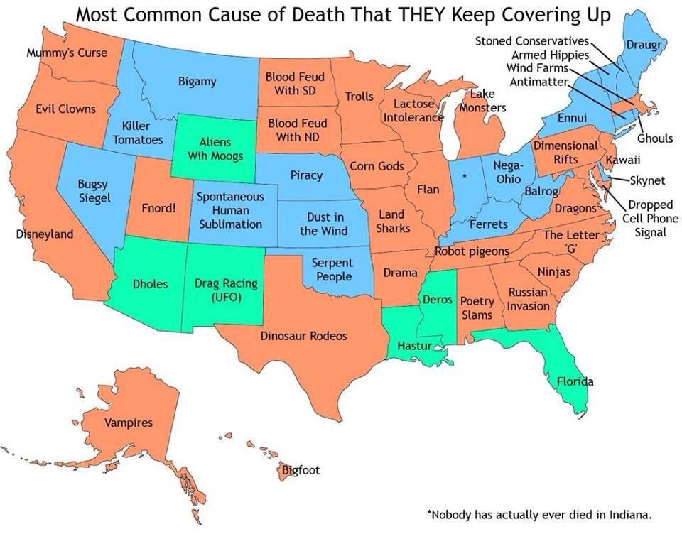A map of the USA with the title "Most Common Cause of Death that THEY Keep Covering Up

Each state is coloured orange, blue, or green and has a cause of death listed in them.
(organized roughly north to south, in columns, from east to west)

Washington: Mummy's Curse, orange
Oregon: Evil Clowns, orange
California: Disneyland, orange
Alaska: Vampires, orange
Hawaii: Bigfoot, orange
Montana: Bigamy, blue
Idaho: Killer Tomatoes, blue
Nevada: Bugsy Siegel, blue
Utah: Fnordl, orange
Arizona: Dholes, green
Wyoming: Aliens with Moogs, green
Colorado: Spontaneous Human Sublimation, blue
New Mexico: Drag Racing (UFO), green
North Dakota: Blood Feud with SD, orange
South Dakota: Blood Feud with ND, orange
Nebraska: Piracy, blue
Kansas: Dust in the Wind, blue
Oklahoma: Serpent People, blue
Texas: Dinosaur Rodeos, orange
Minnesota: Trolls, orange
Iowa: Corn Gods, orange
Missouri: Land Sharks, orange
Arkansas: Drama, orange
Louisiana: Hastur, green
Wisconsin: Lactose Intolerance, orange
Illinois: Flan, orange
Kentucky: Ferrets, blue
Tennessee: Robot Pigeons, orange
Mississippi: Deros, orange
Michigan: Lake Monsters
Indiana: * (* Nobody has actually ever died in Indiana), blue
Ohio: Nega-Ohio, blue
Alabama: Poetry Slams, orange
Georgia: Russian Invasion, orange
Florida: Florida, green
Maine: Draugr, blue
New Hampshire: Stoned Conservatives, blue
Vermont: Armed Hippies, blue
Massachusetts: Wind Farms, orange
Rhode Island: Ghouls, blue
Connecticut: Antimatter, blue
New York: Ennui, blue
Pennsylvania: Dimensional Rifts, orange
New Jersey: Kawaii, orange
Delaware: Skynet, blue
Maryland: Dropped Cell Phone Signal, orange
Virginia: Dragons, orange
West Virginia: Balrog, blue
North Carolina: The Letter "G", orange
South Carolina: Ninjas, orange
