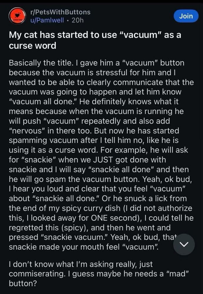reddit post from r/PetsWithButtons from u/Pamlwell
My cat has started to use "vacuum" as a curse word.

Basically the title. I gave him a "vacuum" button because the vacuum is stressful for him andI wanted to be able to clearly communicate that the vacuum was going to happen and let him know "vacuum all done." He definitely knows what it means because when the vacuum is running he will push "vacuum" repeatedly and also add "nervous" in there too. Butnow he has started spamming vacuum after I tell him no, like he is using it as a curse word. For example, he will ask for "snackie" when we JUST got done with snackie and I will say "snackie all done" and then he will go spam the vacuum button. Yeah, ok bud, I hear you loud and clear that you feel "vacuum" about snackie all done." Or he snuck a lick from theend of my spicy curry dish (I did not authorize this, I looked away for ONE second), I could tell he regretted this (spicy), and then he went and pressed "snackie vacuum." Yeah, ok bud, that snackie made your mouthfeel "vacuum."

I don't know what I'm asking really, just commiserating. I guess maybe he needs a "mad" button?