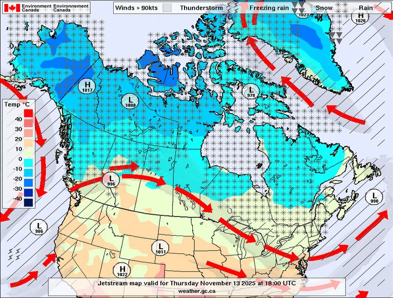 weather forecast map of northern north america for Thursday November 13, 2025 at 18:00 UTC.

A low pressure system is hanging out over central BC/Alberta (near Grande Cache), with likely connections to a low pressure system off the coast of Oregon/northern California that's making the jet stream do funny things in the pacific (it traces the Alaska/BC coast, and bends way out to the west off of Oregon before curving back into California. More low pressure in NWT with a high pressure system in the Yukon mountains.

The jet stream has made an appearance in its normal route across western Canada. The jet stream is bringing winds through central BC, Alberta, Saskatchewan and Manitoba, and then through the southern margins of all of Ontario except the Toronto triangle., and blowing through Pennsylvania on its way to turn north in the Atlantic and follow offshore of Atlantic Canada.
Above the Jet Stream, temperatures are expected to be below freezing with snow through every part of Canada except Manitoba, and in Ontario, it'll mostly be above freezing but snowy.
Below the jet stream, temperatures range from just above freezing to in the teens, particularly in Alberta.
Rain on the US west coast and Atlantic Canada. Snow through Alaska, Yukon, NWT, Nunavut, northern BC, northern Alberta, norther Saskatchewan, Ontario and Quebec.
Warm temperatures throughout the USA with most temperatures in the teens outside of mountainous regions and areas bordering Canada. (Besides Alaska, which is getting temperatures below -10C.