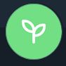 a circular profile image with a green background and a white line drawing icon of a stem with two oval leaves branching diagonally off, one angled up to the right and the other above it angled up to the left.