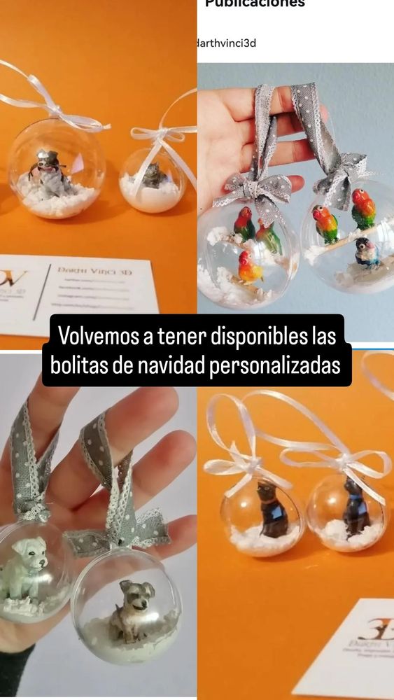 Varias imagenes de volas de navidad decorativas trasparentes con miniaturas de mascotas en su interior. 