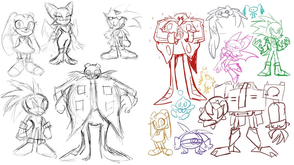 rough doodles of various sonic characters