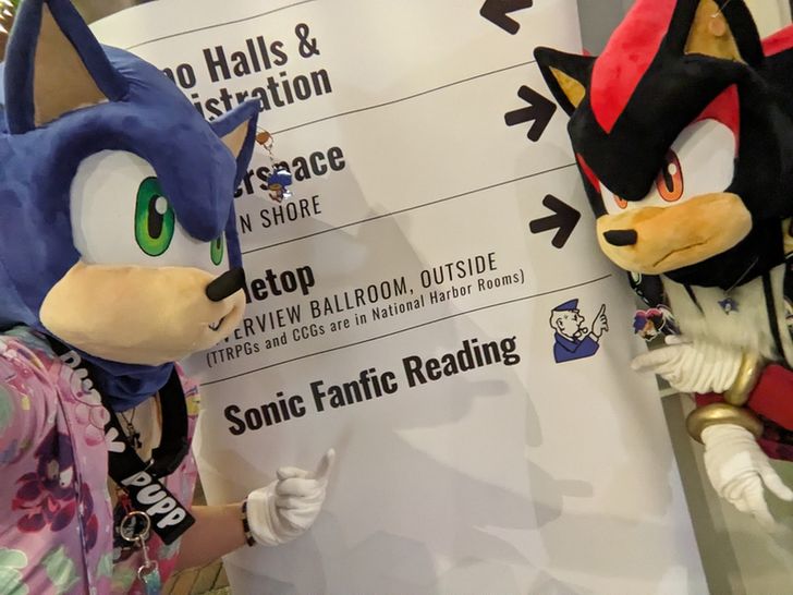 Sonic and Shadow pointing to a sign that reads: Sonic Fanfic Reading
And then a picture of the go to jail guy from monopoly 