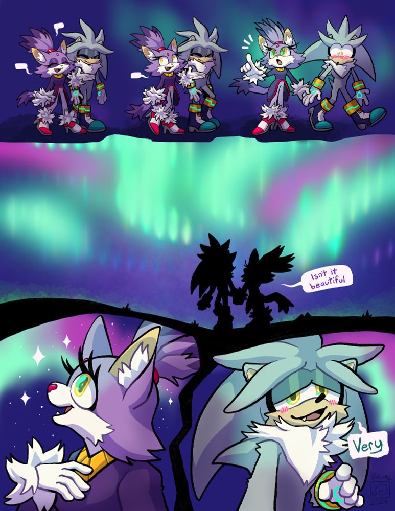 Silver and Blaze are walking together. She grabs his hand and points to sky, wide eyed. He blushes. 
They look at the aurora borealis across the sky. 
Blaze says "Isnt it beautiful"
Silver responds, looking at Blaze
"Very" 