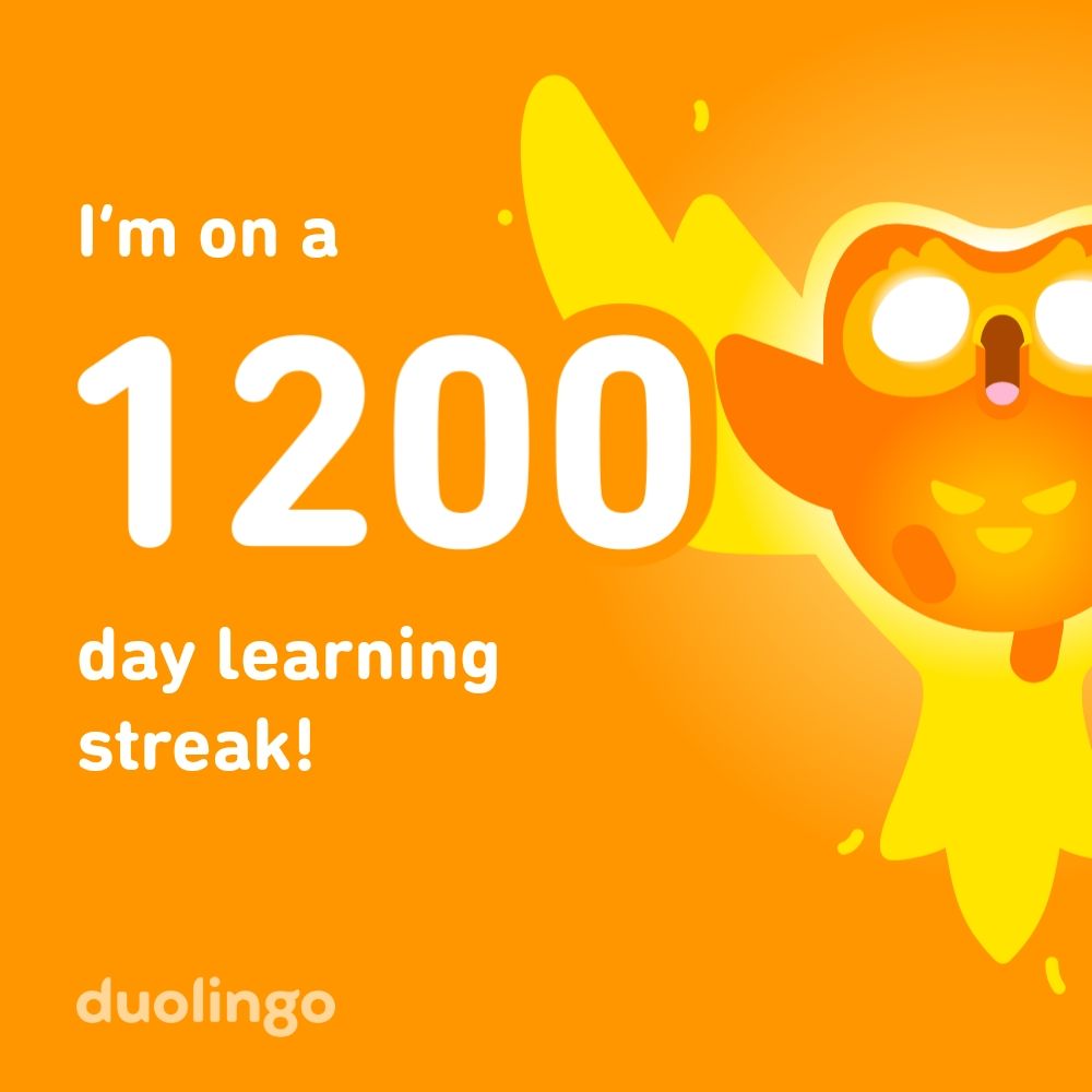 Image from language learning app duolingo showing a 1200 day learning streak.