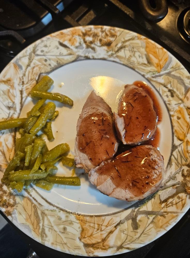 Photograph of a plate of food. On the right, three medallions of pork tenderloin are covered with a red sauce, and the left are some sad looking cut green beans.