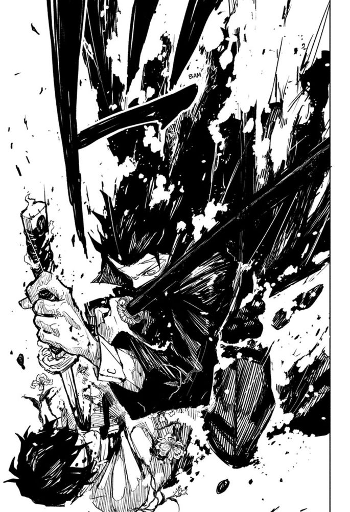 Full page illustration from Kagurabachi. Features the main character dresses in black, thrusting a sword downward into a villain. Its very stylish and cool.