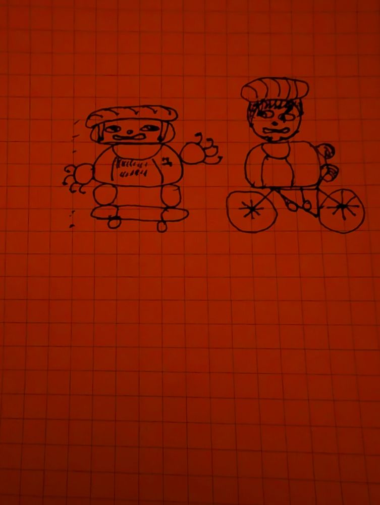 Terrible draw sketch of two kids, one on a skateboard and one on bicycle. They look about as skillfully depicted as a child could be expected to draw at around five years of age. 