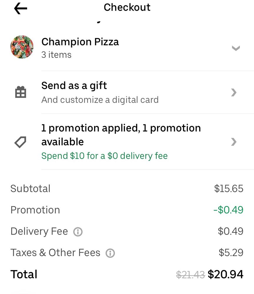 A receipt from a potential UberEats customer showing they have a promotional discount of $.49 cents which is the same amount as the delivery fee, which according to my to the promotion is supposed to be $0.