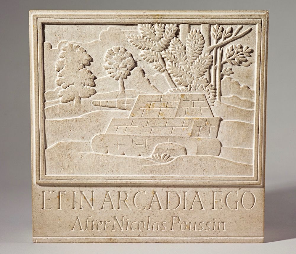 “Et In Argadia Ego”, a stone sculpture by ian Hamilton Finlay (1976)

A slab of pale stone, showing a stylised scene in a woodland. In the foreground is what looks like a tank (i.e. a military vehicle), except it has incised lines across it suggesting that it is in fact made out of stone blocks. The scene is framed and under the frame the words

ET IN ARCADIA EGO
After Nicholas Poussin

are carved into the slab.