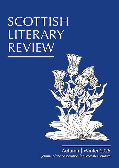 A dark blue journal cover with white lettering:

SCOTTISH
LITERARY
REVIEW

Autumn | Winter 2025
Journal of the Association for Scottish Literature

The cover illustration shows an open book, lying on its back, with four stylised, twisty thistles growing from between its fanned pages.