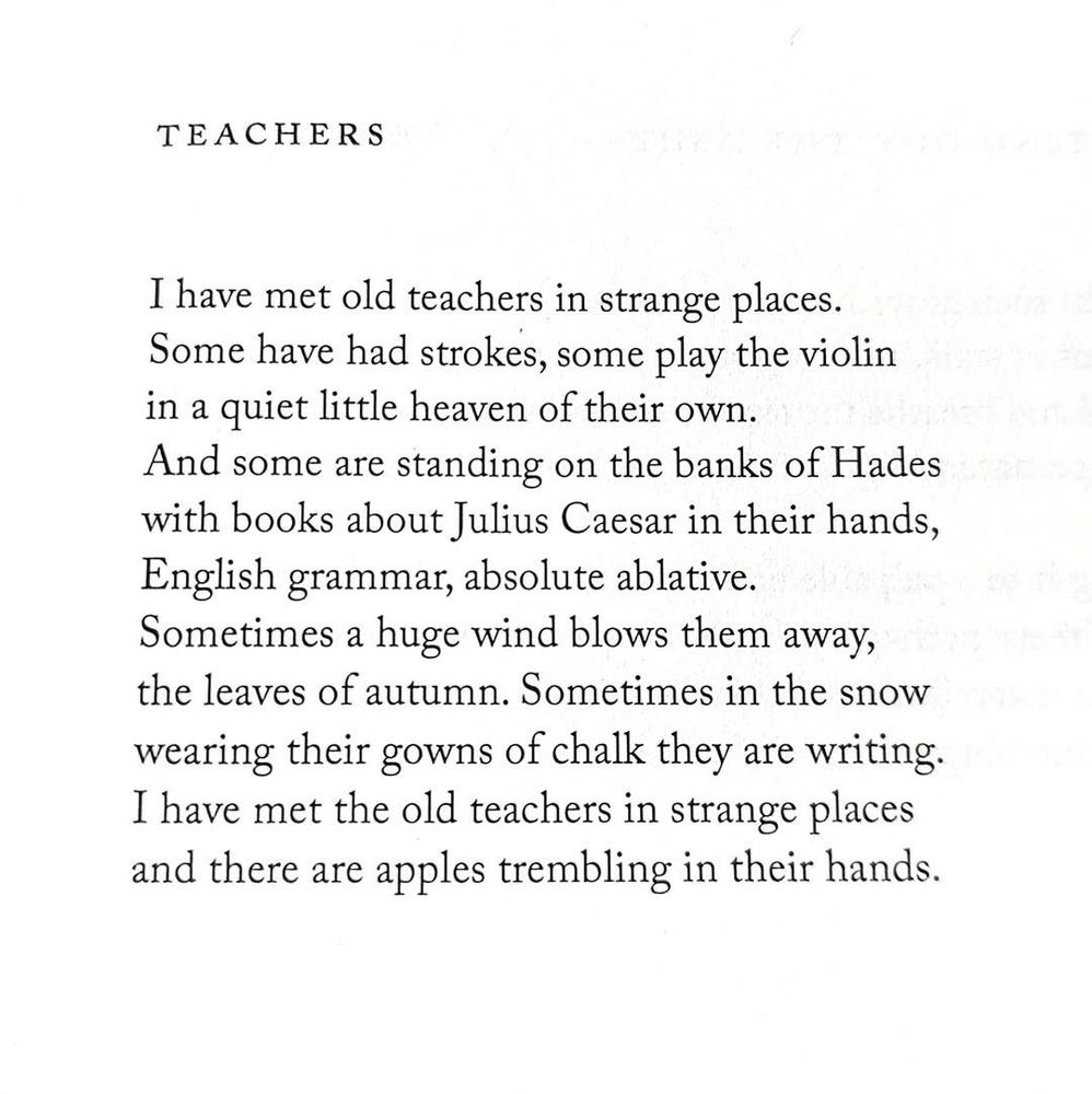 Teachers
by Iain Crichton Smith

I have met old teachers in strange places.
Some have had strokes, some play the violin
in a quiet little heaven of their own.
And some are standing on the banks of Hades
with books about Julius Caesar in their hands,
English grammar, absolute ablative.
Sometimes a huge wind blows them away,
the leaves of autumn. Sometimes in the snow
wearing their gowns of chalk they are writing.
I have met the old teachers in strange places
and there are apples trembling in their hands.