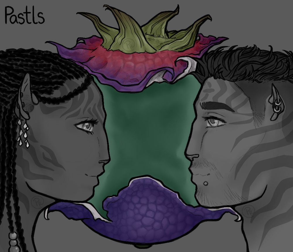 The fruit remains from the previous image, this time the heads on each side, revealing that the fruit was a silhouette of a man and a woman. To the left is a native na'vi woman, Seyta (owned by me ~ pastls) and to the right is a recom, Christopher (owned by dahliaflowerss) 

The woman is closer to the fruit's core, symbolism of her closeness to Eywa and in turn the forest and Pandora. While, Chris' is farther away and the fruit's skin on his side is dehydrated and crumpled. 

I chose to have just the fruit colored to emphasis their differences and have it remain the focus. However, I was proud with how the faced turned out so the next photo is just the two faced staring at each other. 

Can you tell I love doodling these two? I love their story and can't wait to delve more into their story!