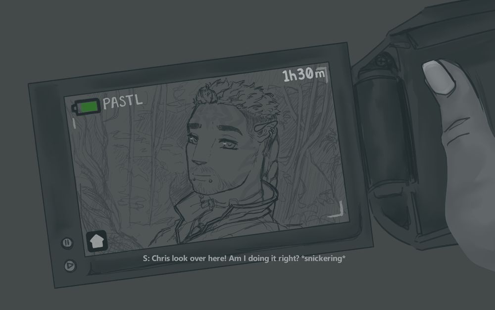 this is a sketch version of Dahlia's OC Chris, he is being recorded by my OC Seyta. The recording device is an old camcorder. There is text underneath the main art of Seyta saying: 'Chris look over here! Am I doing it right? *snickering*'.

This brings some clarity on why he is looking at the camera whilst being recorded. 

To give the illusion that this camcorder isn't brand new I put the record time in the top right. Currently it's at one hour and thirty minutes. However, I definitely see Seyta using this more in the future to capture interesting, funny, sweet, or scary moments the two will experience. In the top left there is the camera battery which is 75% full. 

Next to the battery is my artfight handle pastl rather than this handle pastls. This is because I made this art before I made this bluesky profile! Bluesky and artfight are the only sites where I post my art.