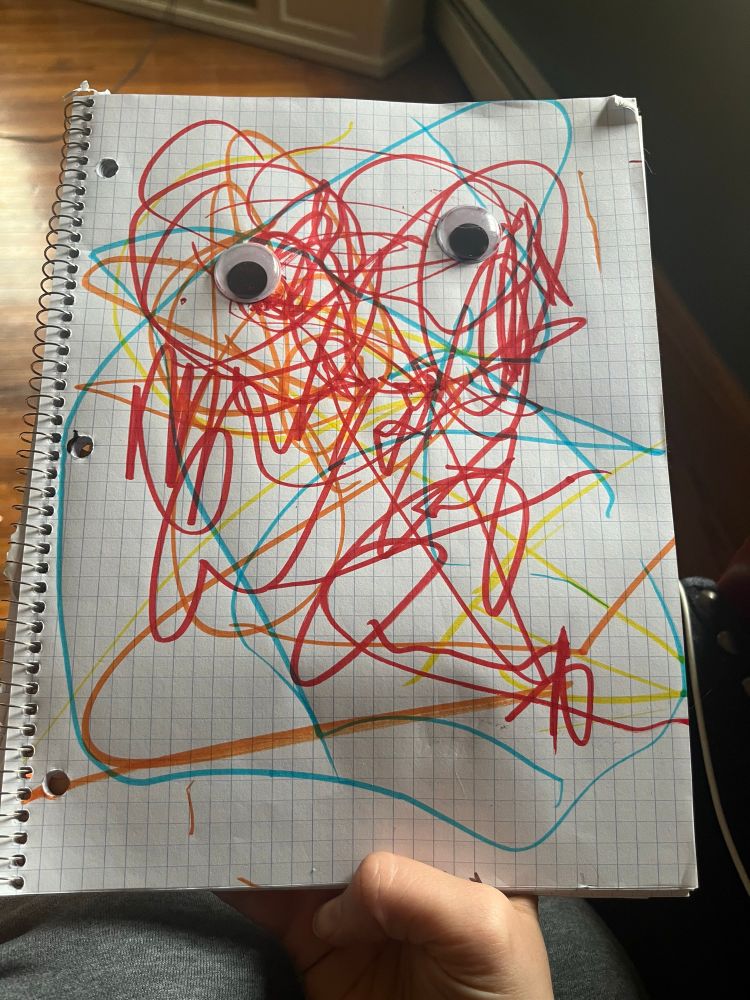 Scribbles on a paper with two Googley eyes