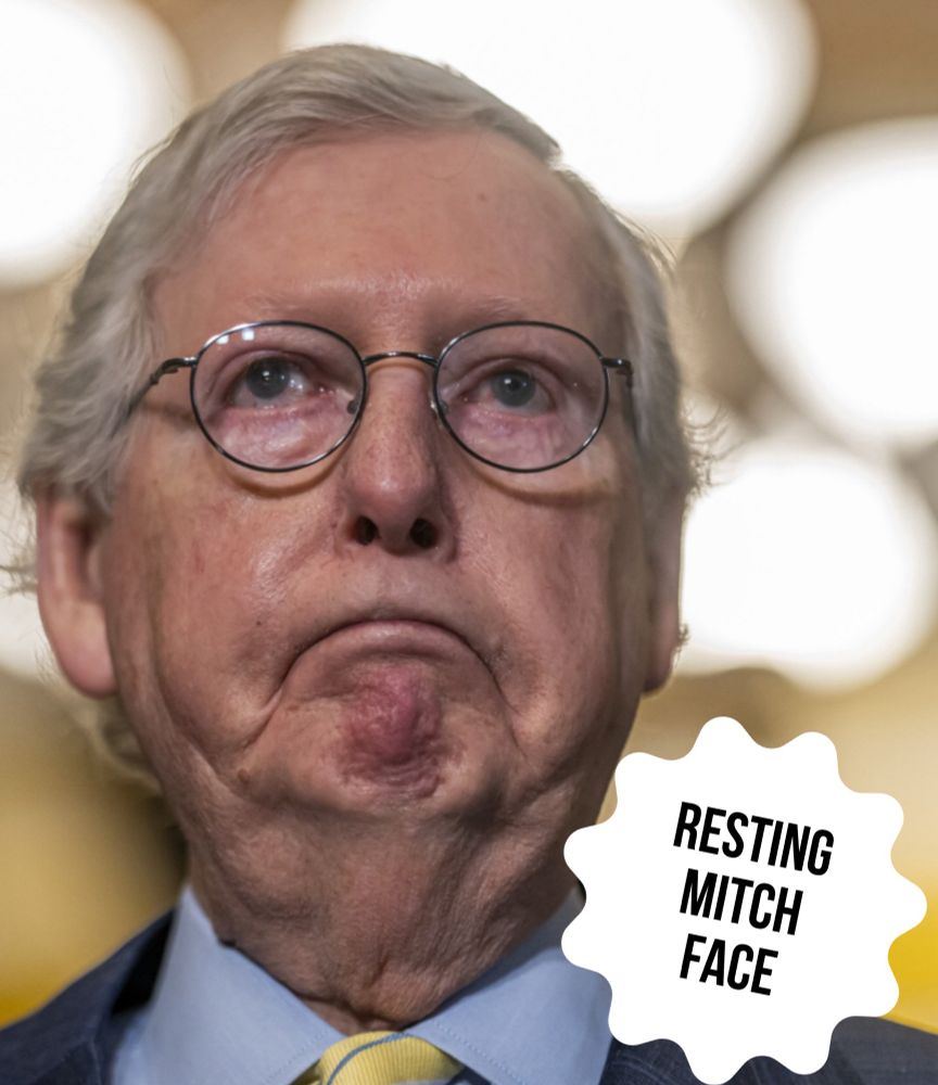 Up close photo of Mitch McConnell with recognizable FROWN. Text bubble added “Resting Mitch Face”