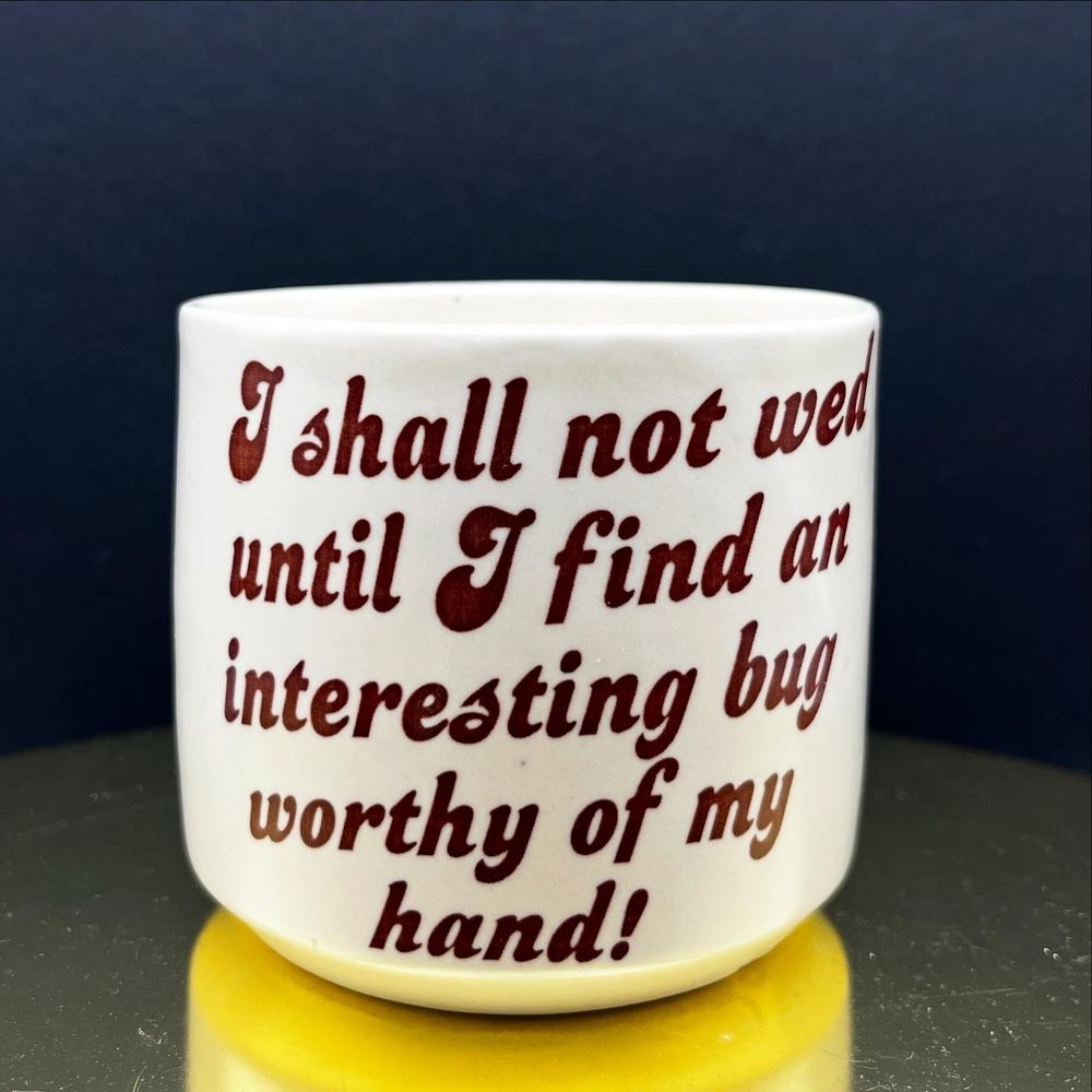 Handmade white ceramic cup on gold surface. Cup says 

I shall not wed
 until I find an
 interesting bug
 worthy of my
 hand!