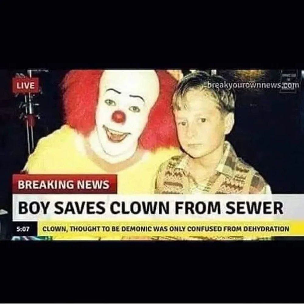 News report showing Pennywise and Georgie from IT with the chyron “Boy saves clown from sewer.”