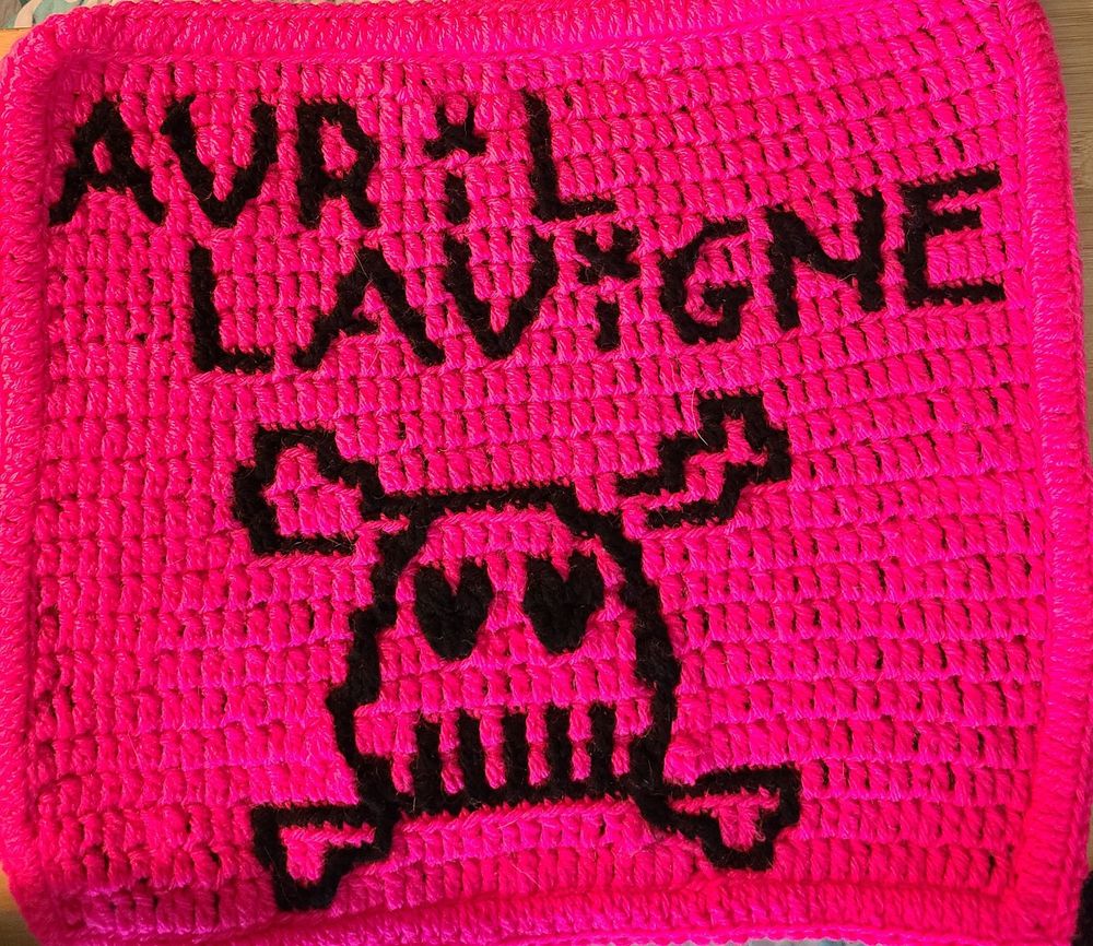 Avril Lavigne logo in overlay mosaic crochet pink and black 