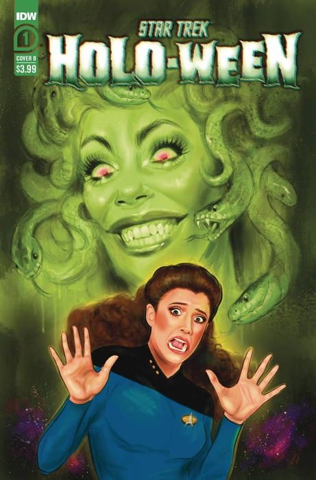 IDW comic cover. Star Trek Holo-ween. A large Medusa terrifies Troi
