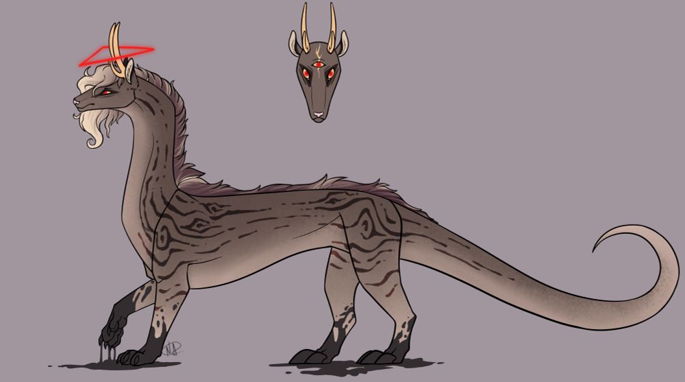 A side view of a long almost ferrit/deer like creature, their paws ooze black ink/oil. They have tufts of hair going from their head down their neck, back, and ends at the rump. They have red and yellow eyes with medium sized golden antlers protruding from their head alongside black tipped deer like ears. 
