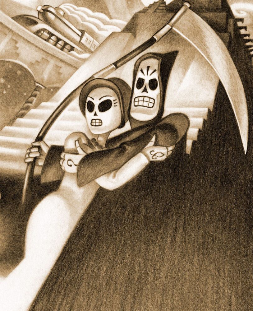 Image of Grim Fandango's protagonist dressed as a Grim Reaper holding his love interest in one hand while his scythe looms over them.