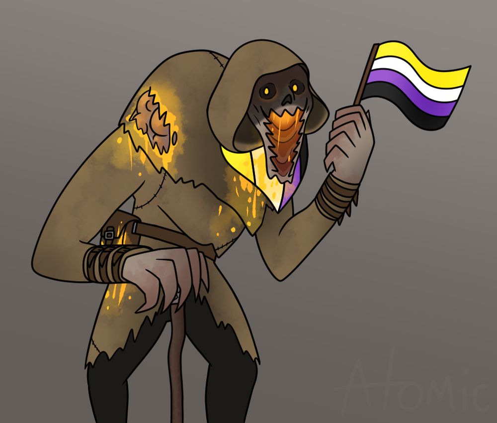A drawing of Blight from Dead By Daylight, he is smiling and holding a Non-Binary flag and is also weaing a Non-Binary neck bandana