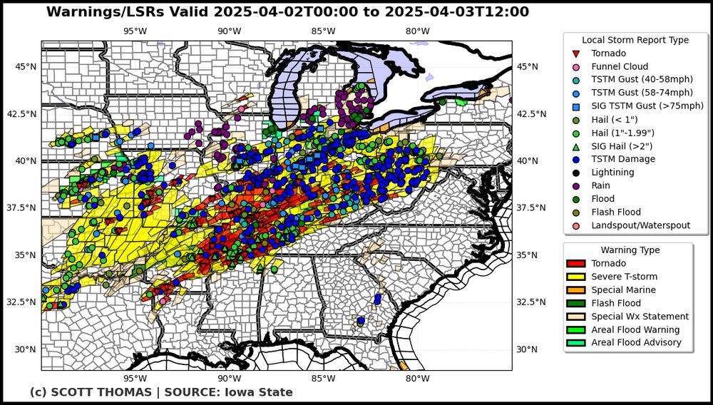 Widespread tornado, severe thunderstorm, and flood warnings and numerous severe weather reports across the eastern half of the USA on April 2nd.