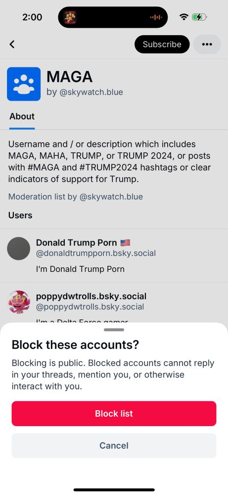 Screenshot of a blocklist showing the Subscribe and Block functions