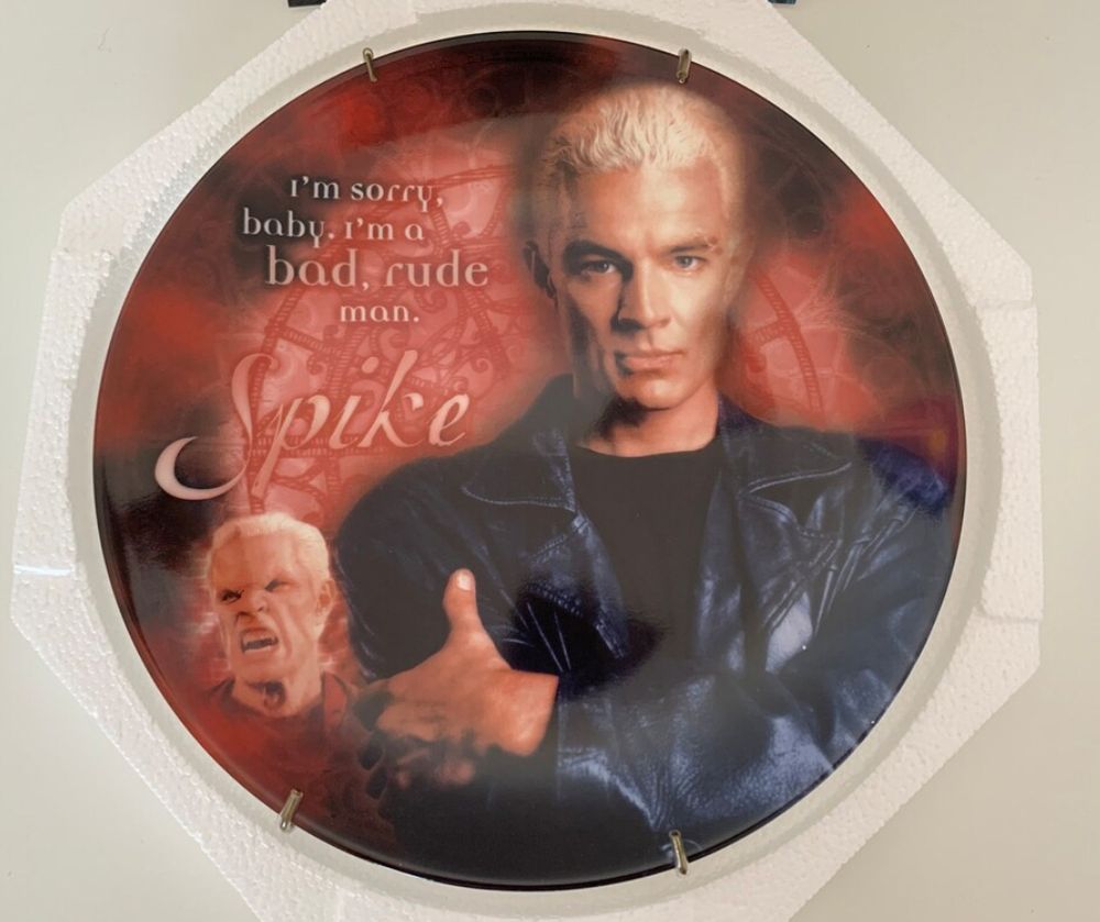 a plate, delicately packed within Styrofoam. It features spike, the bad ass vampire from the series "Buffy the vampire slayer." He is crossing his arms over his chest and looks at the viewer like a badass, daring you to eat mac and cheese off of his face. The background is blood red, with the words "I'm sorry baby. I'm a bad, rude man."  To really drive the point home, there is another image of him baring his teeth in classic vampire fashion floating at the bottom of the plate. It is a thing of beauty. 