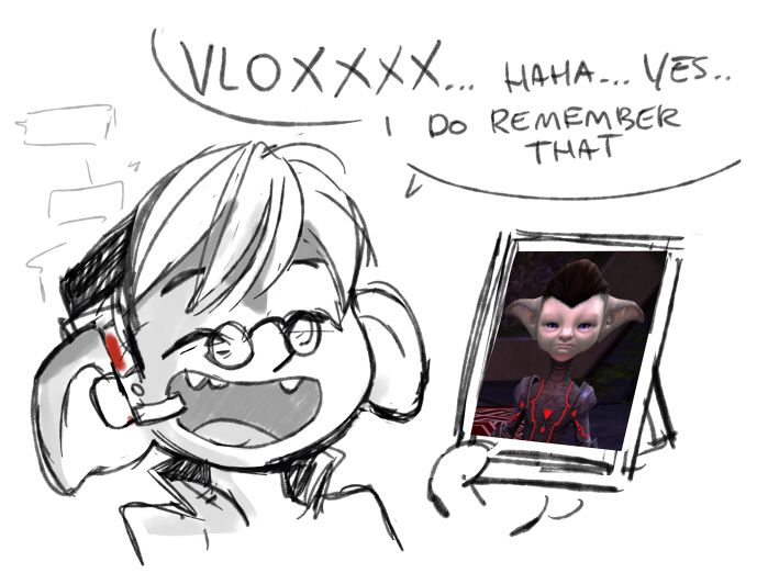 A close up of the asura talking on his lil head set. " Vloxx! haha yes..I do remember that." 