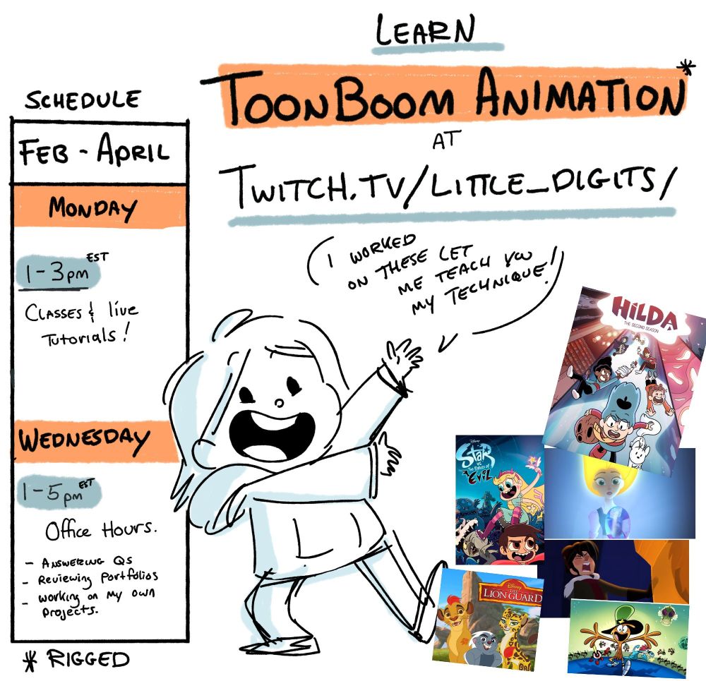 
graphic with some information. with a lil cartoon of me going LET ME TEACH YOU MY TECHNIQUES. 

Learn toonboom animation at twitch.tv/little_digits . feb to april. monday from 1 to 3pm and wednesday from 1 to 5pm 